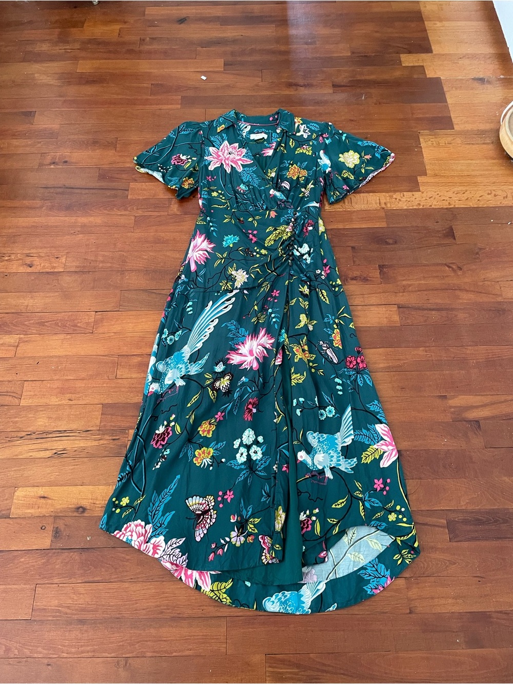 Maeve Teal Floral High-Low Wrap Dress with Pink & Blue Blooms